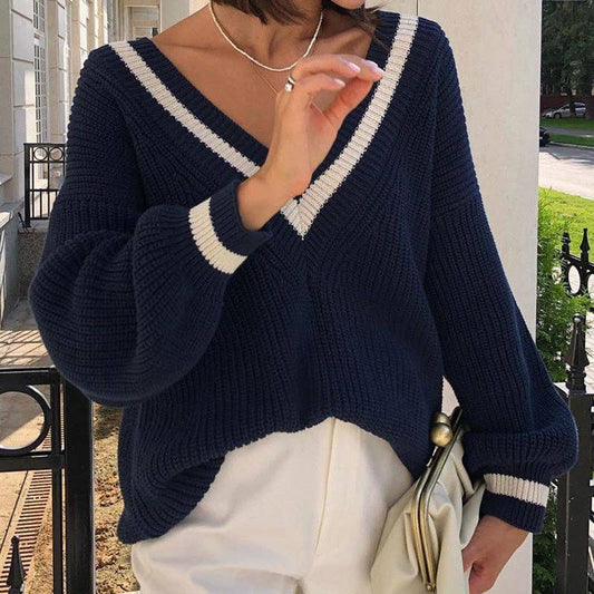 Dipped Shop - Color Block V-Neck Long Sleeve Sweater DP25F530: Dark Blue