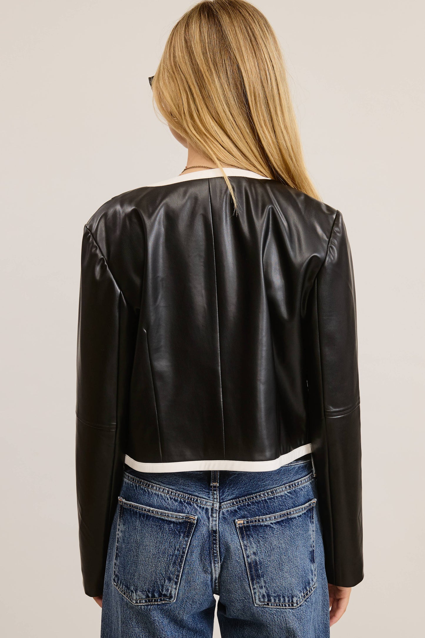 Mimosa - Womens Open Front Faux Leather Jacket: Black