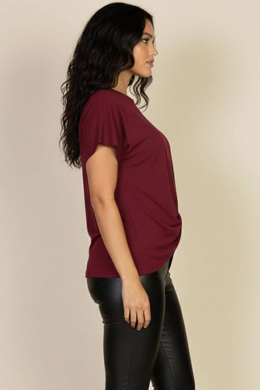 CAPELLA APPAREL - Batwing Sleeve Twist Front Tee: BURGUNDY