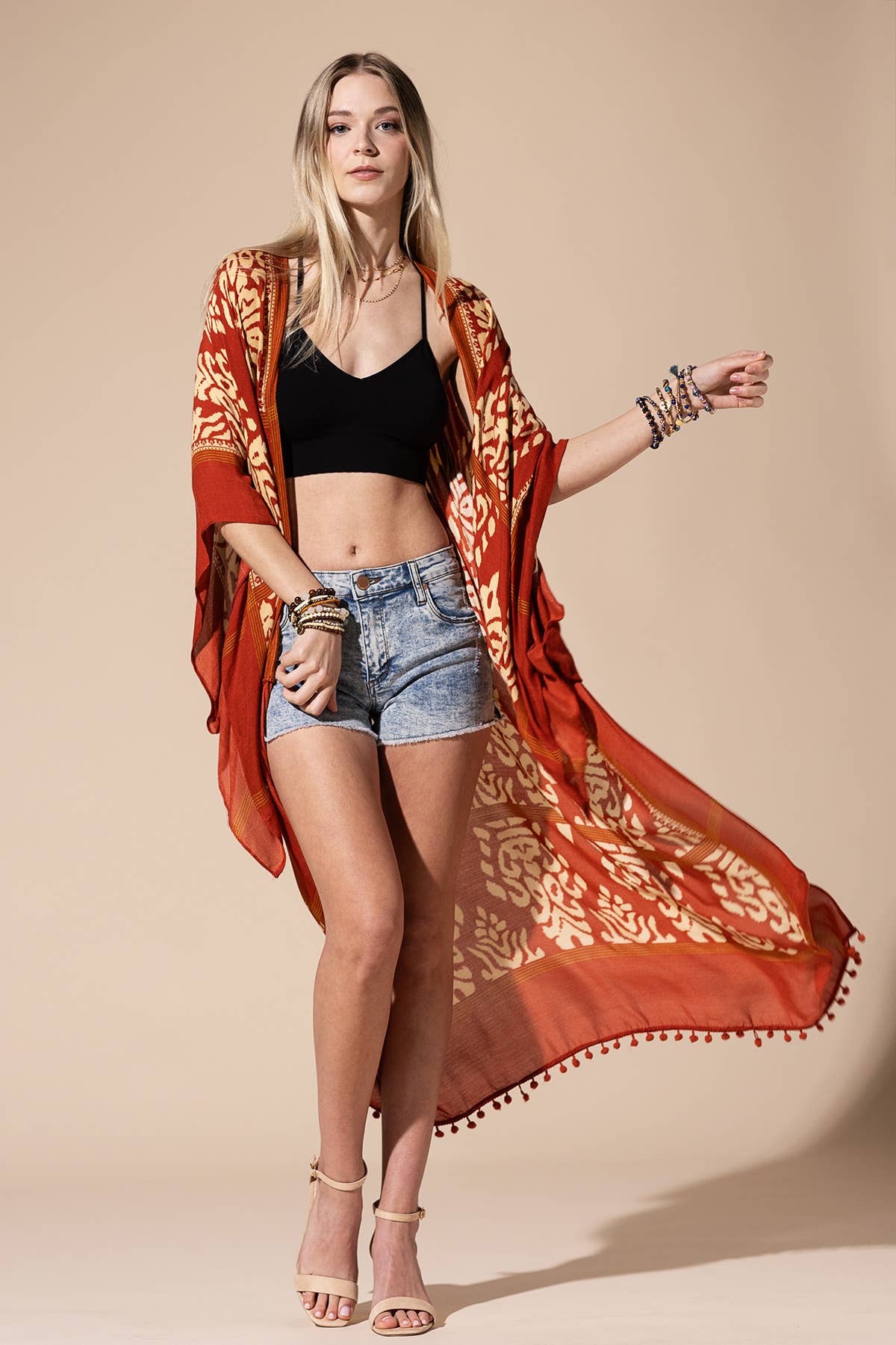 Urbanista - Damask Print Kimono with Sleeves: Mustard / OS