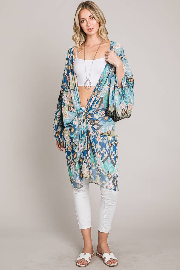 Cerule - Oversize Balloon Sleeve Kimono with lace trim: Blue/Green / Kimono / One Size