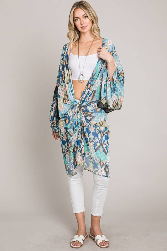 Cerule - Oversize Balloon Sleeve Kimono with lace trim: Blue/Green / Kimono / One Size