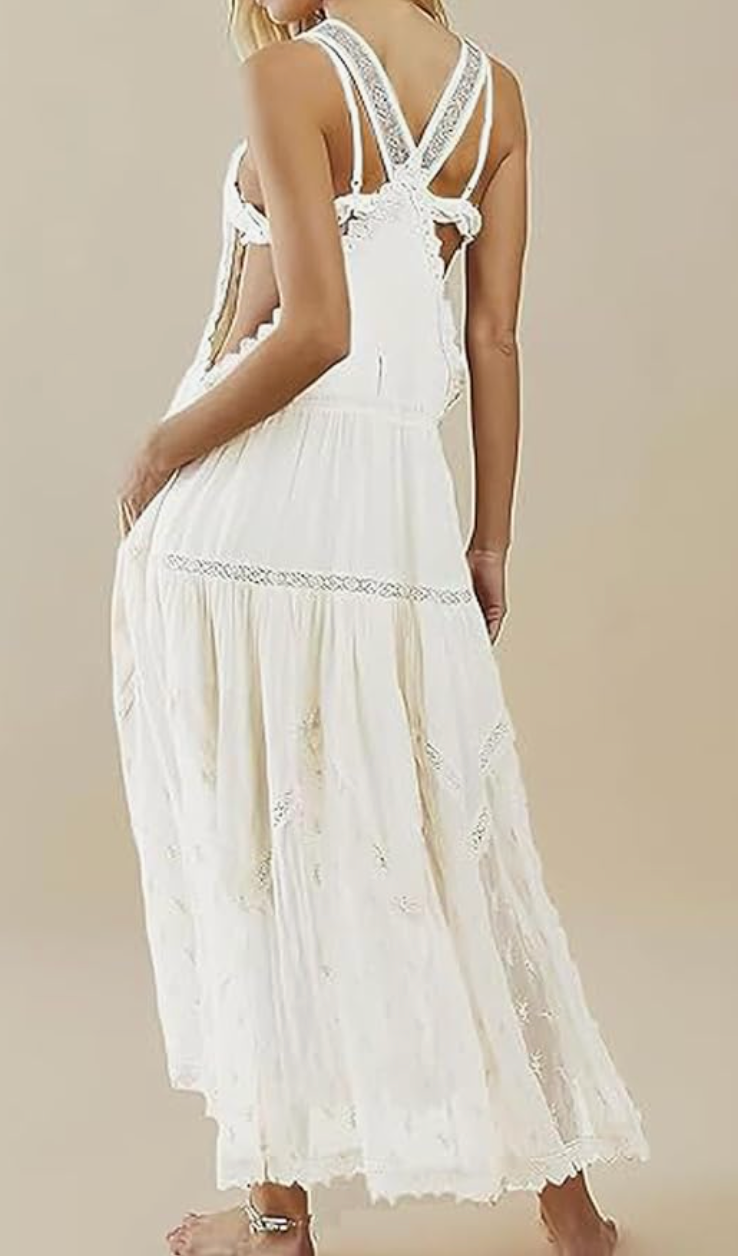Rosa Clothing - Bohemian Flowy Lace tiered Bib Maxi Dress: White