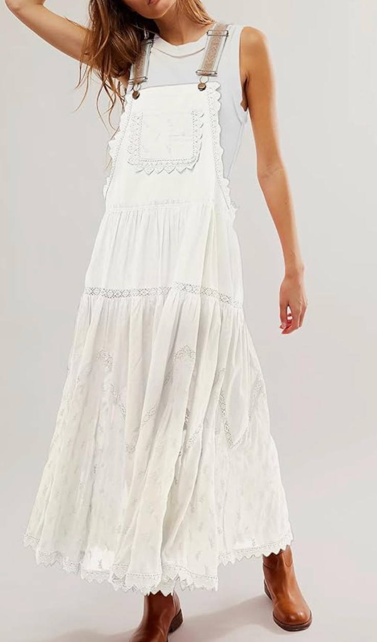 Rosa Clothing - Bohemian Flowy Lace tiered Bib Maxi Dress: White