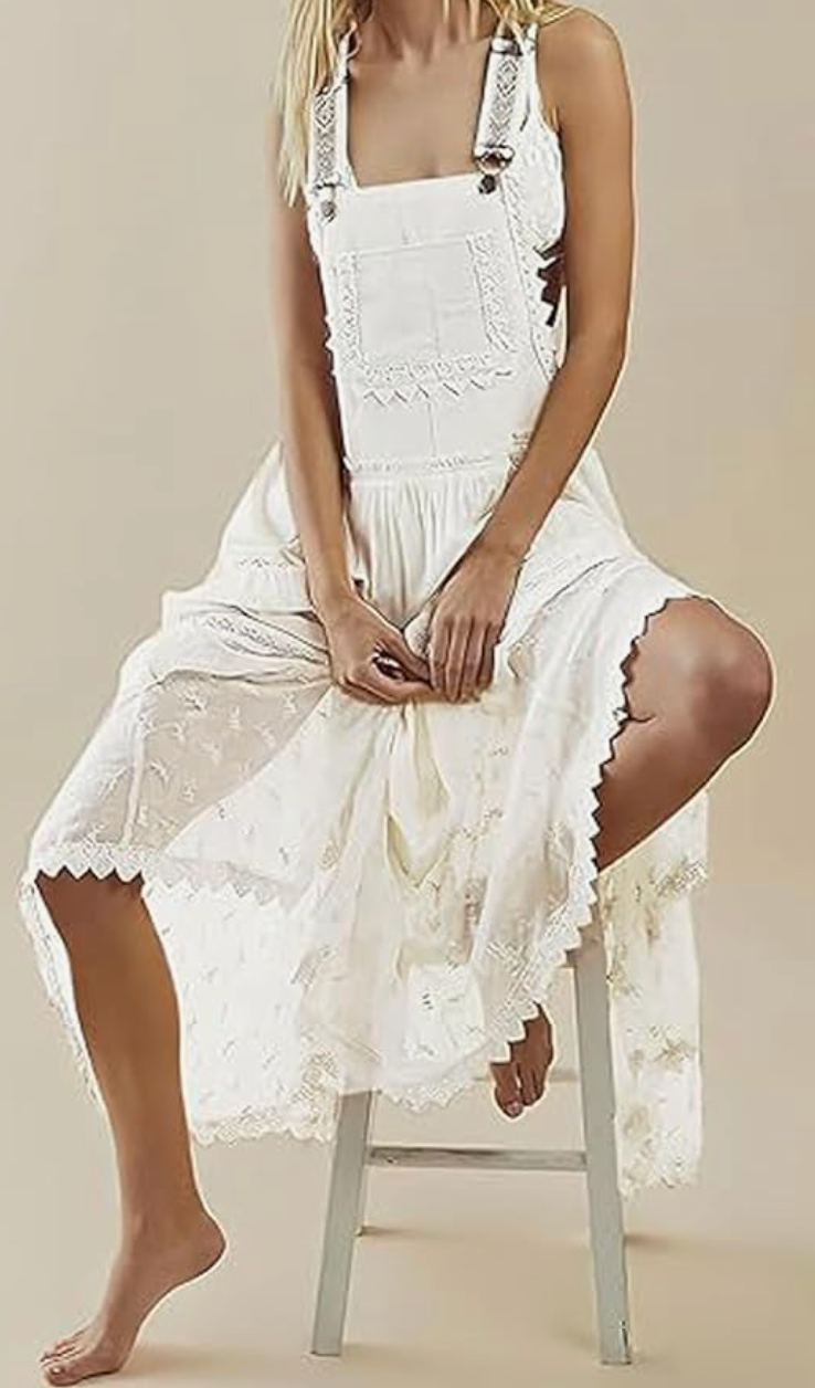 Rosa Clothing - Bohemian Flowy Lace tiered Bib Maxi Dress: White