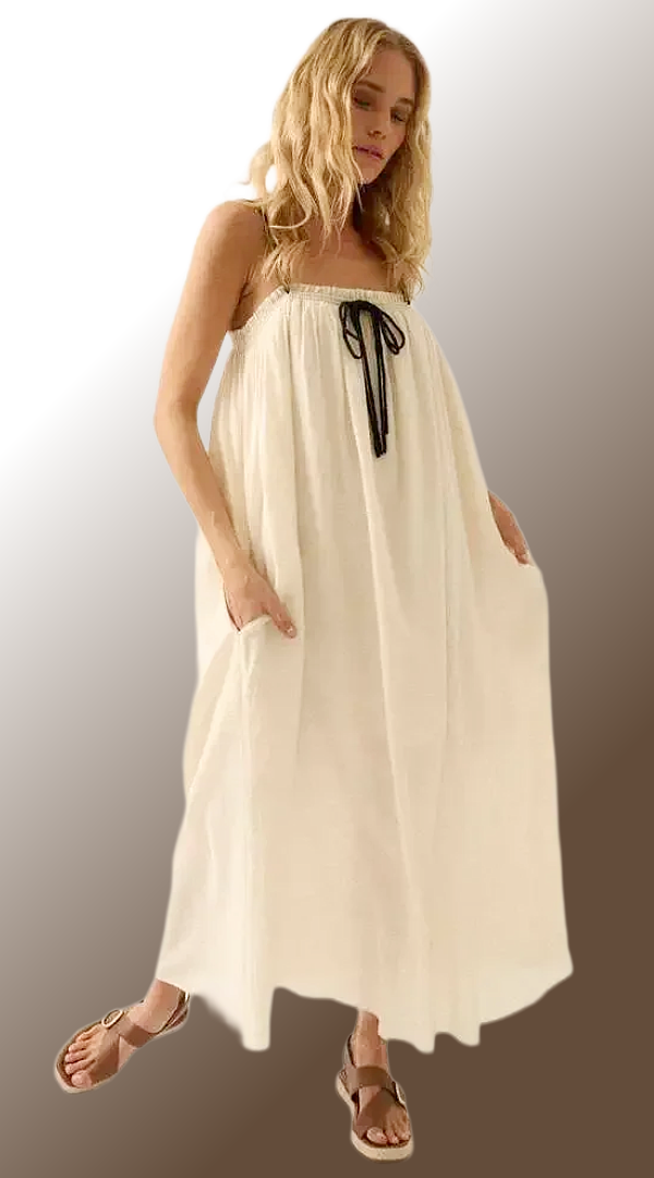 Promesa USA - Tonal-Stripe Drawstring-Neckline Maxi Sack Dress: OATMEAL