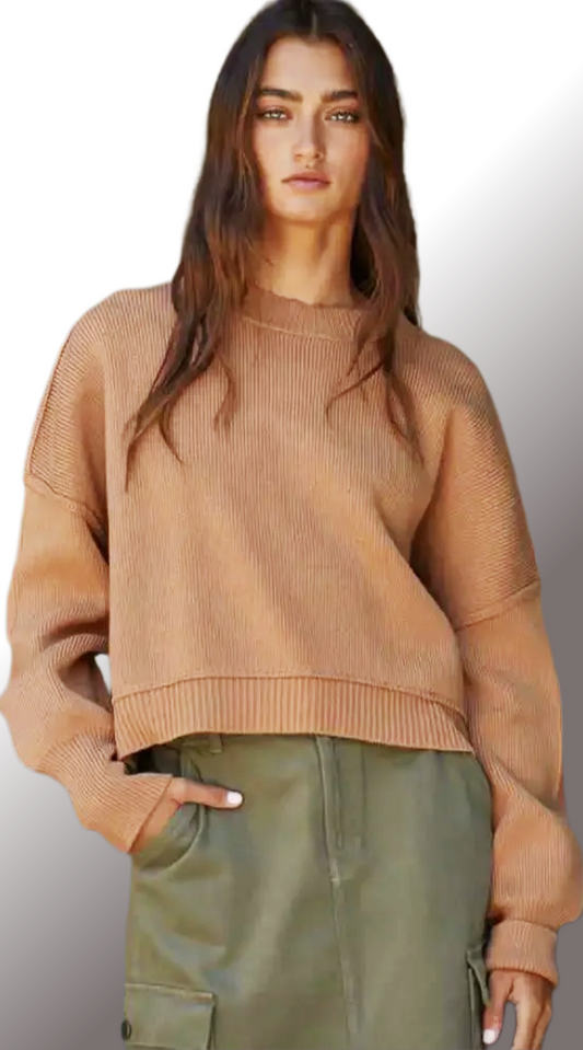 By Together - Cotton Acrylic Ribbed Knit Sweater: Camel