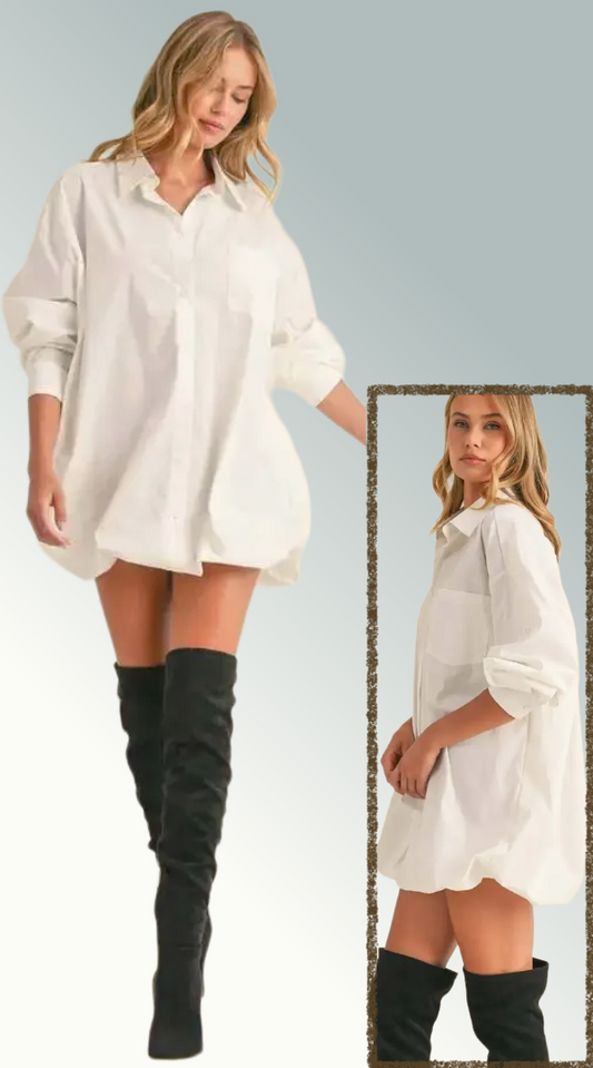 Klesis - ID8254 OVERSIZED BUBBLE HEM BUTTON DOWN SHIRT DRESS: White / S