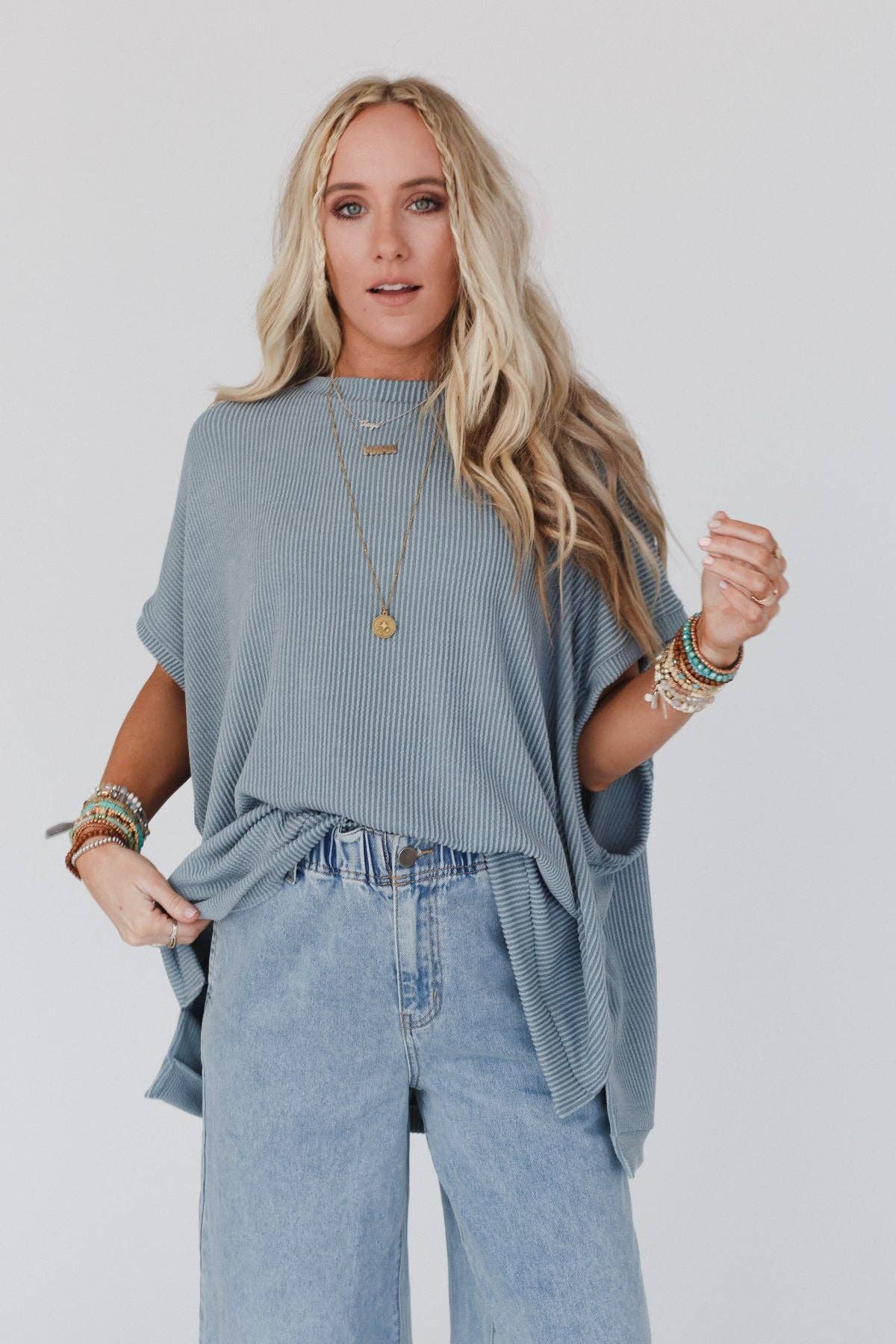 Three Bird Nest - Moon Glow Texture Knit Top - Seafoam: S