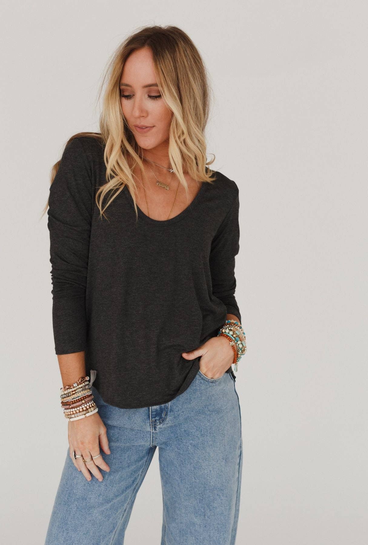Three Bird Nest - Ryder Long Sleeve Bralette Tee - Charcoal