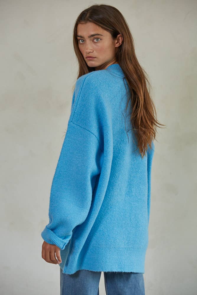 By Together - Knit Sweater Ribbed Detailed Buttondown Cardigan: Sky Blue / L