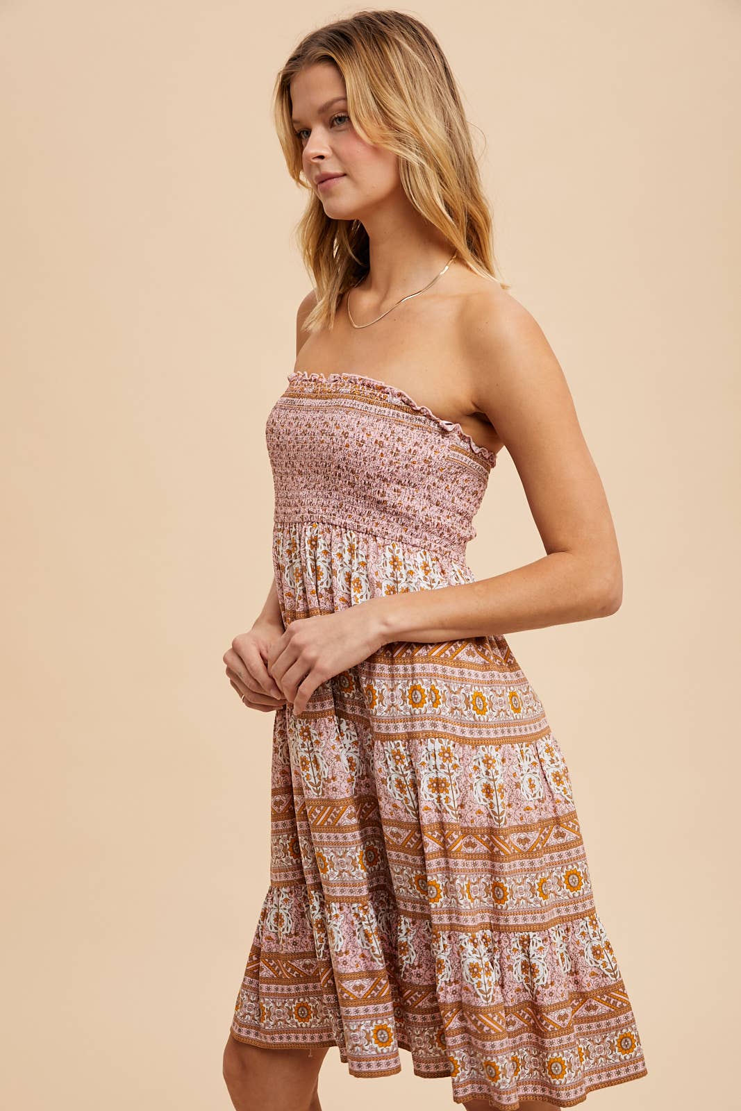 In Loom - PRINTED TUBE MINI DRESS: DUSTY PINK
