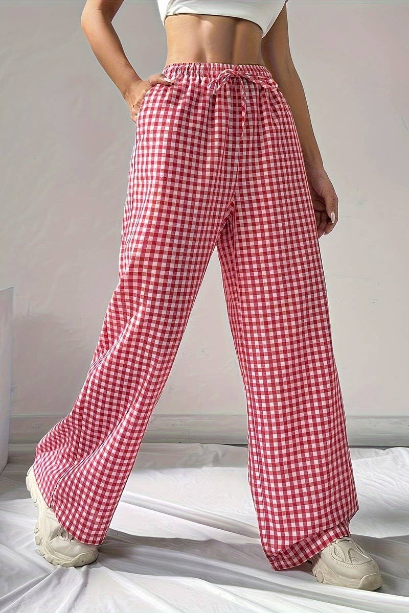 NINEXIS - LOOSE PINK PLAID LACE-UP CASUAL WIDE-LEG PANTS: RED