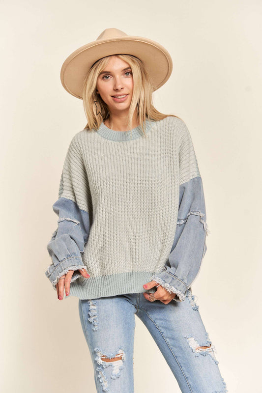 Madelyn - FRAYED DENIM SLEEVE SWEATER TOP: BLUE