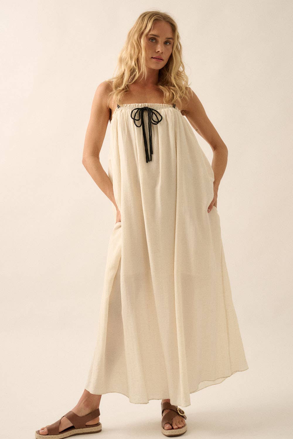 Promesa USA - Tonal-Stripe Drawstring-Neckline Maxi Sack Dress: OATMEAL