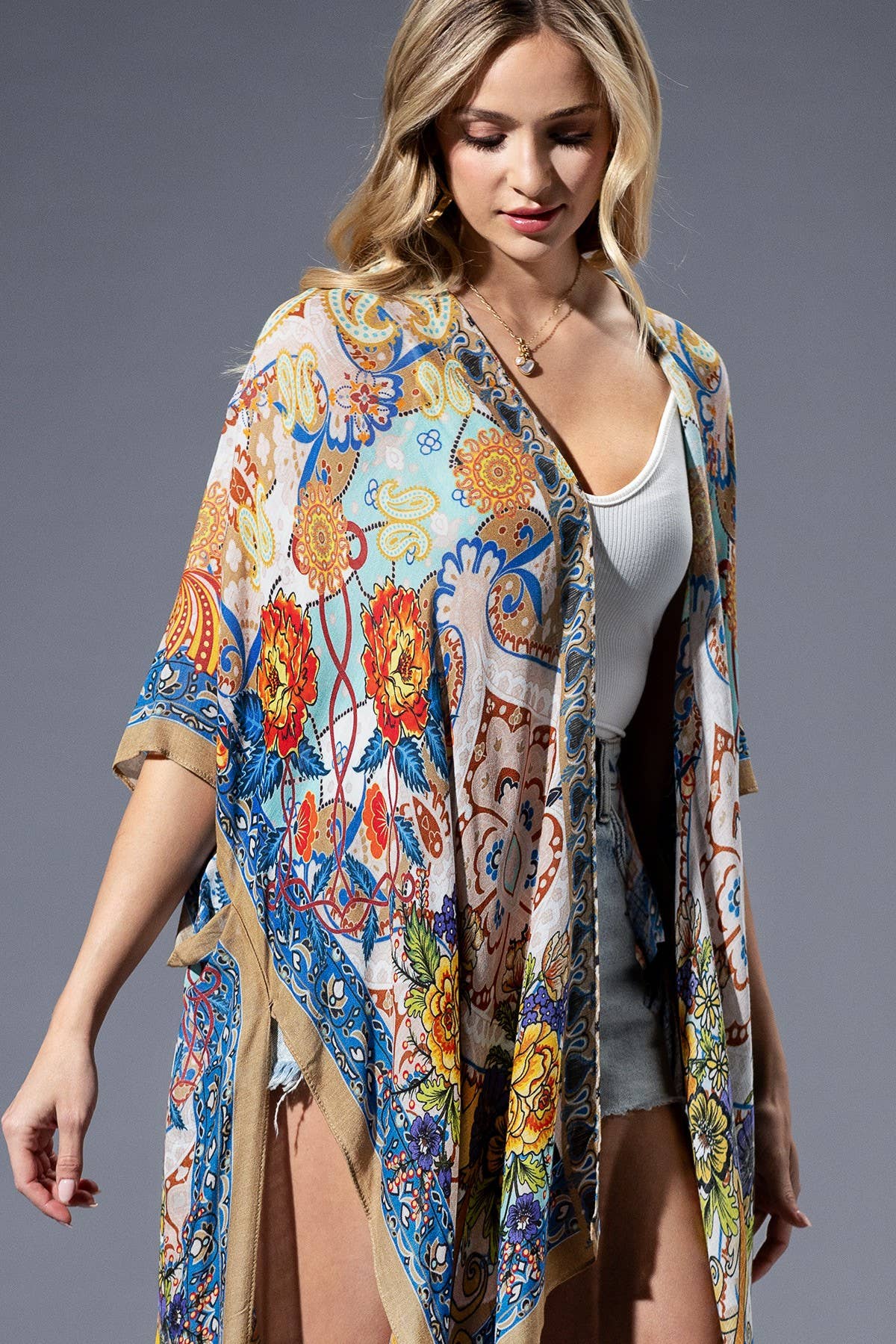 Urbanista - Gold Blue Mandala Viscose Kimono: GOLD BLUE MANDALA / OS