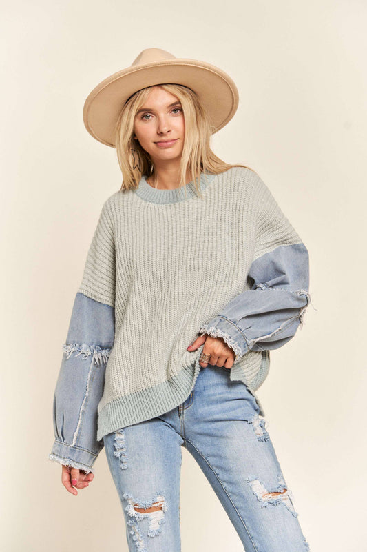 Madelyn - FRAYED DENIM SLEEVE SWEATER TOP: BLUE