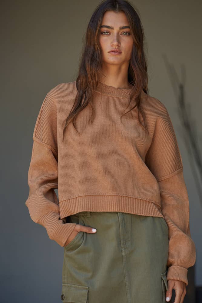 By Together - Cotton Acrylic Ribbed Knit Sweater: Camel