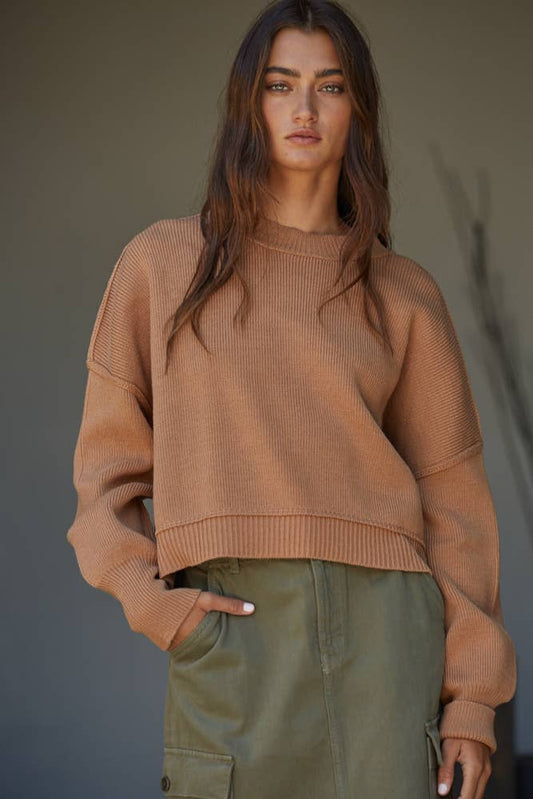 By Together - Cotton Acrylic Ribbed Knit Sweater: Camel