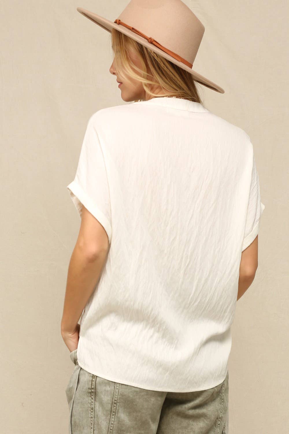 KyeMi - Silk V-Neck Top Wite Rolled Cap Sleeves: Off White