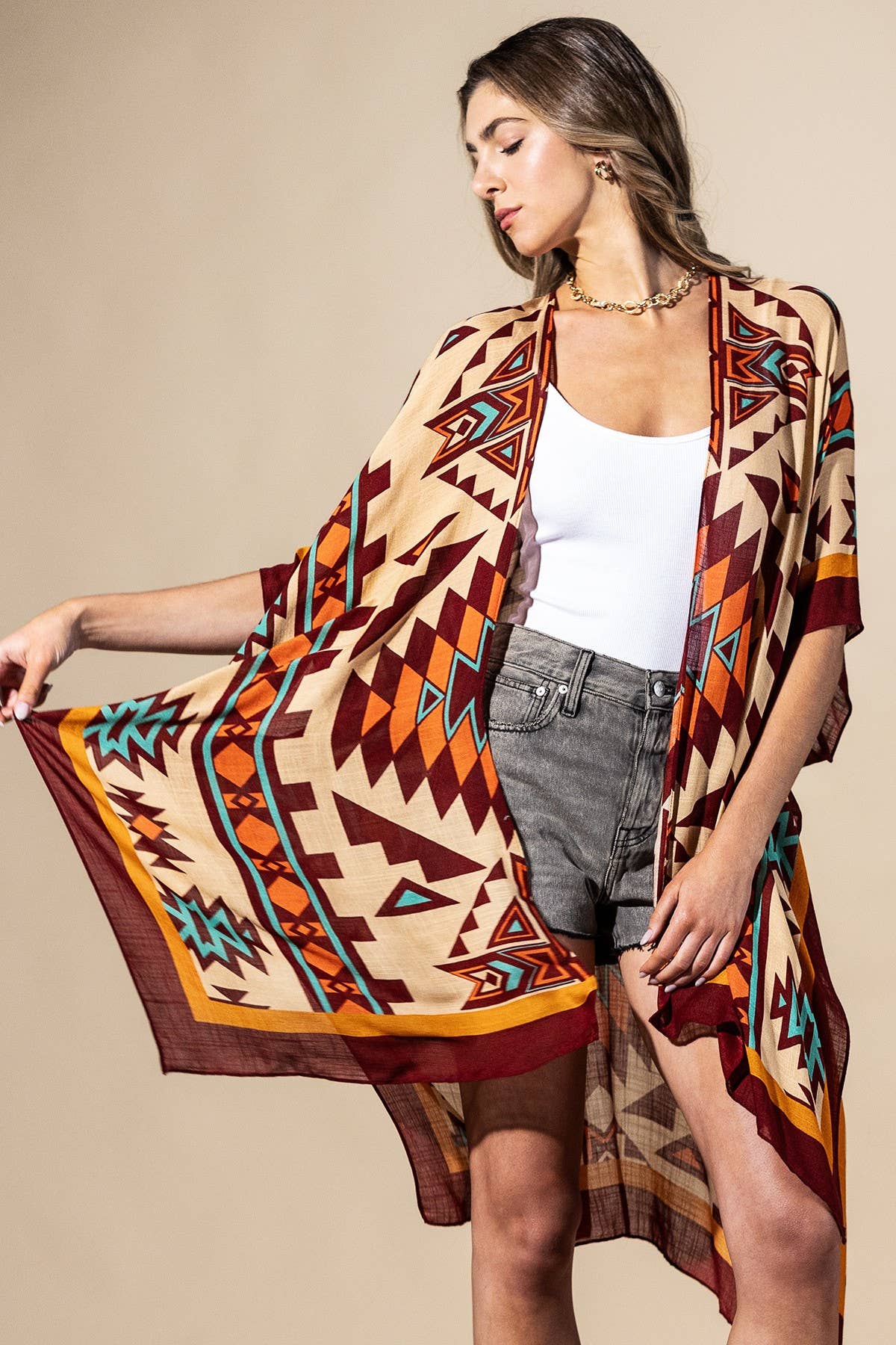 Urbanista - Southwest Sol Viscose Kimono: Ethnic Burgundy / OS