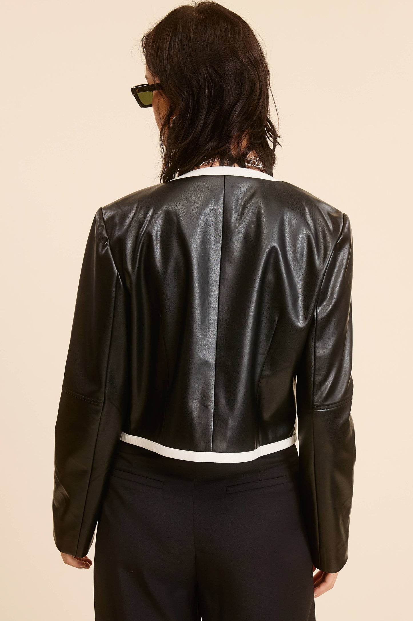 Mimosa - Womens Open Front Faux Leather Jacket: Black