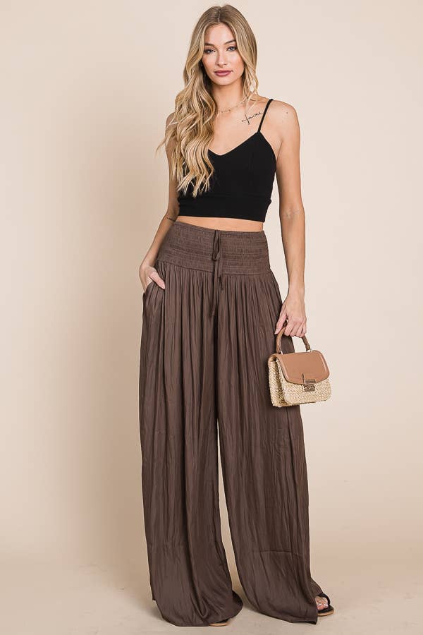 JADE BY JANE - Ruched waist wide resort pants: BLACK