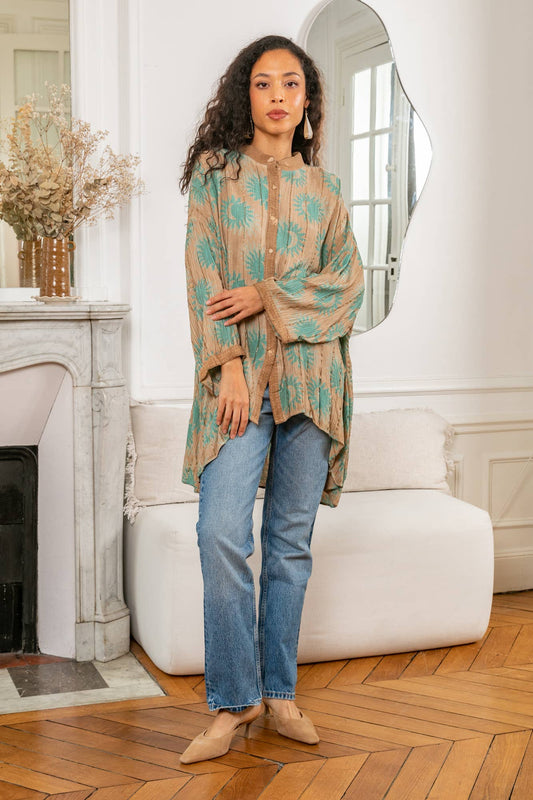 Last Queen Lurex button Tunic Dress Top Ochre - OS