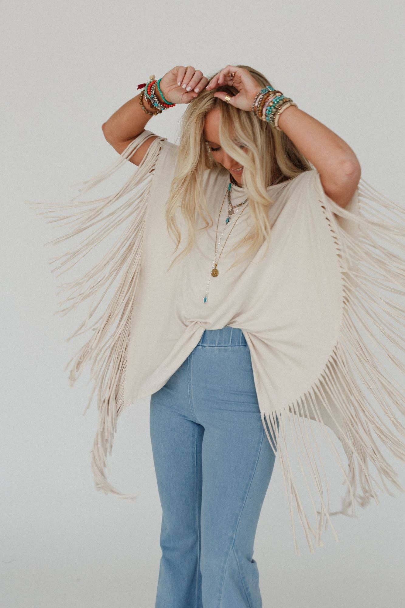 Three Bird Nest - Western Showstopper Fringe Top - Oat: S