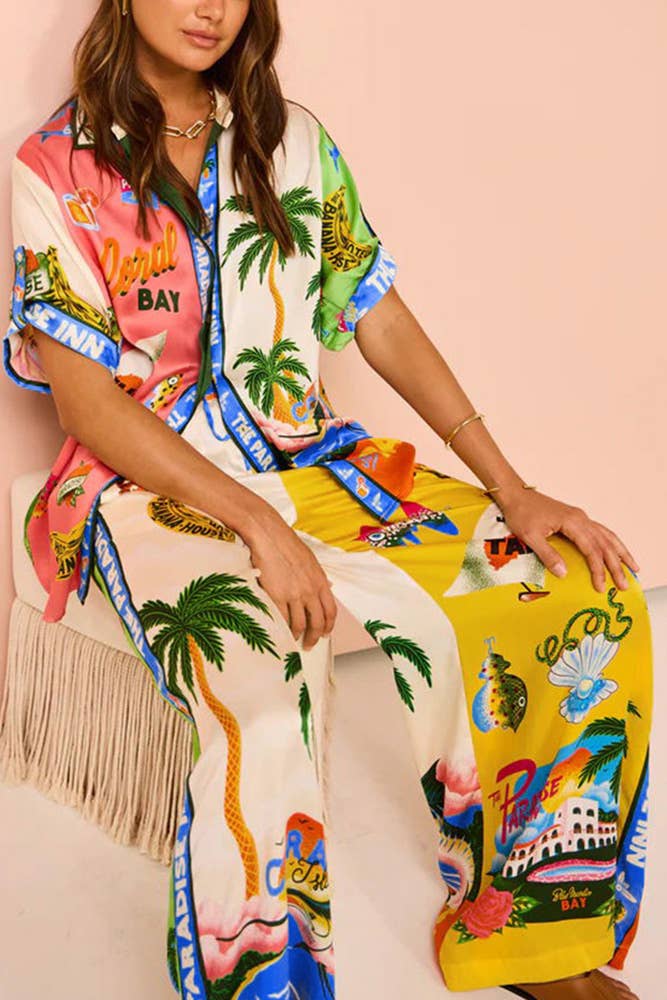 UNISHE - Summer Beach Vacation Printing 2pcs Pants Set / S