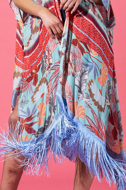 Urbanista - Cerulean Reef Fringed Kimono: 41-Azule Bloom / OS