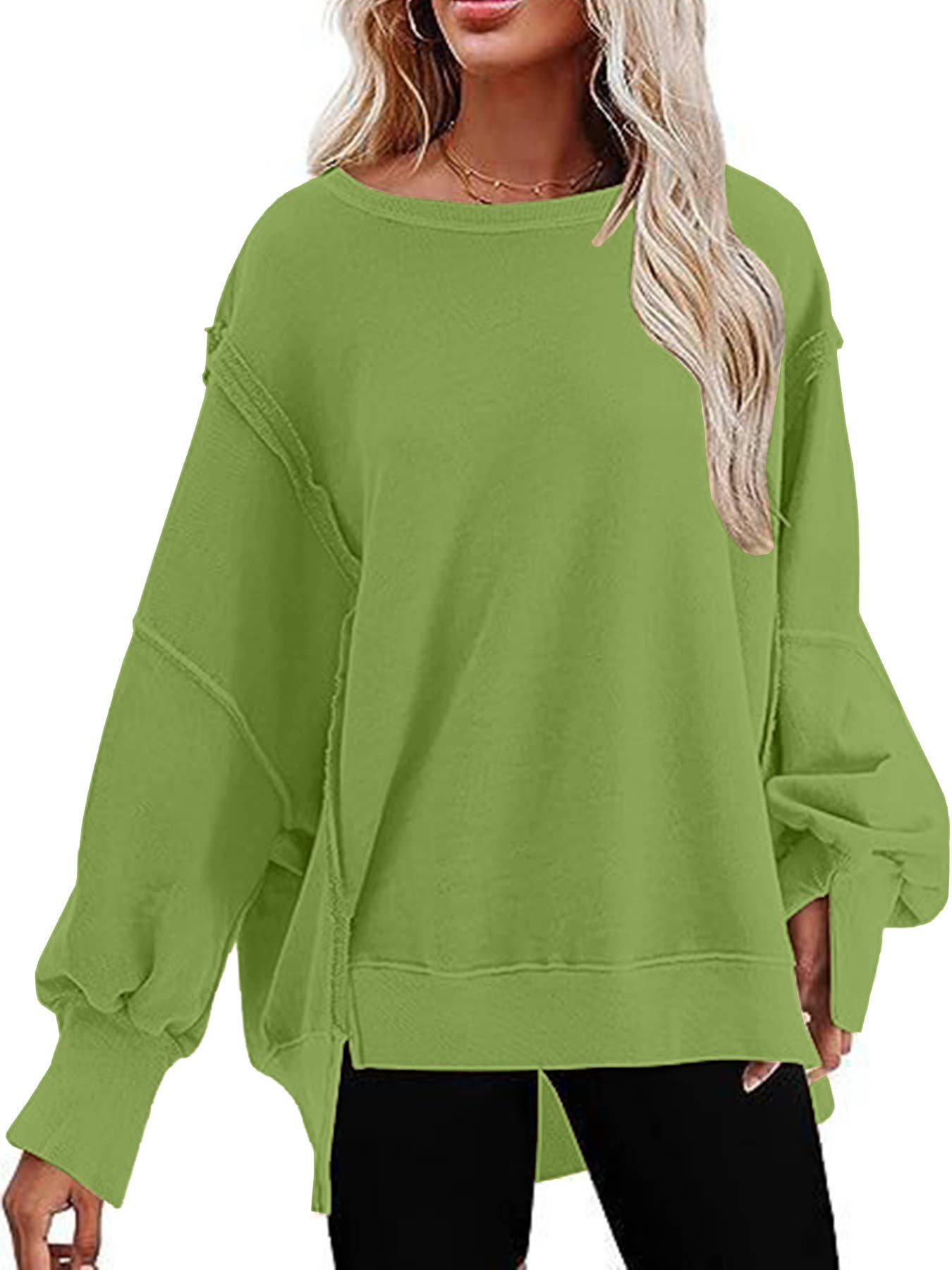 Lily Clothing - Solid-color round-neck casual loose sweatshirt: GREEN