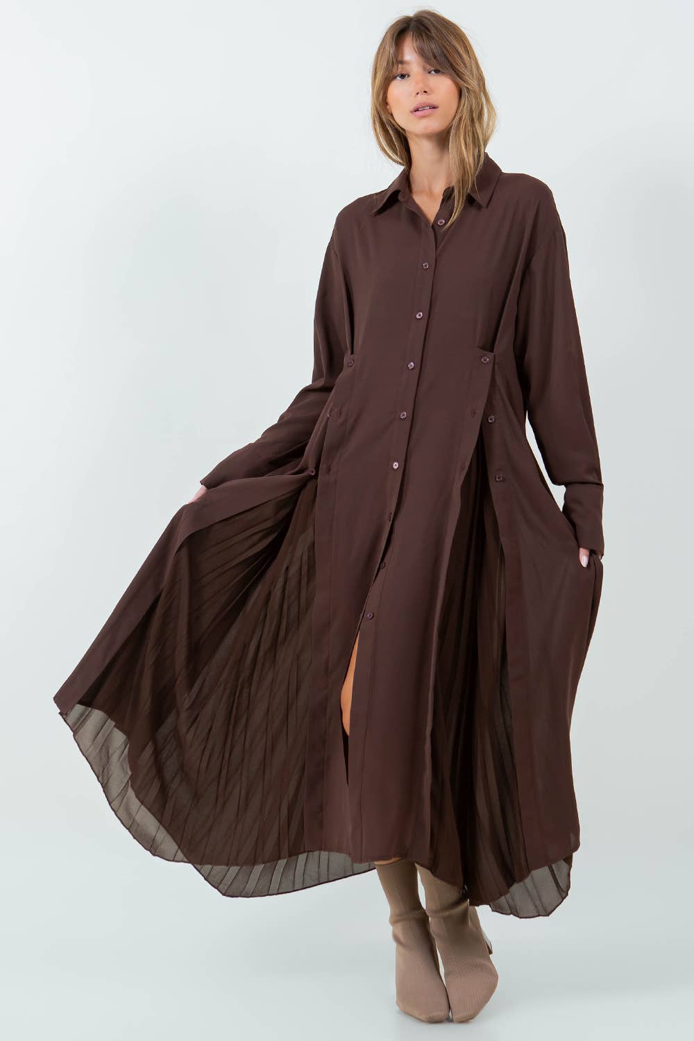 Whiteroom+Cactus - PLEATING DETAILED MULTI BUTTON WEAR SHIRT DRESS - BROWN: Brown / L