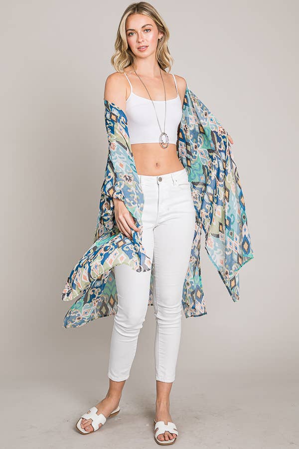 Cerule - Oversize Balloon Sleeve Kimono with lace trim: Blue/Green / Kimono / One Size
