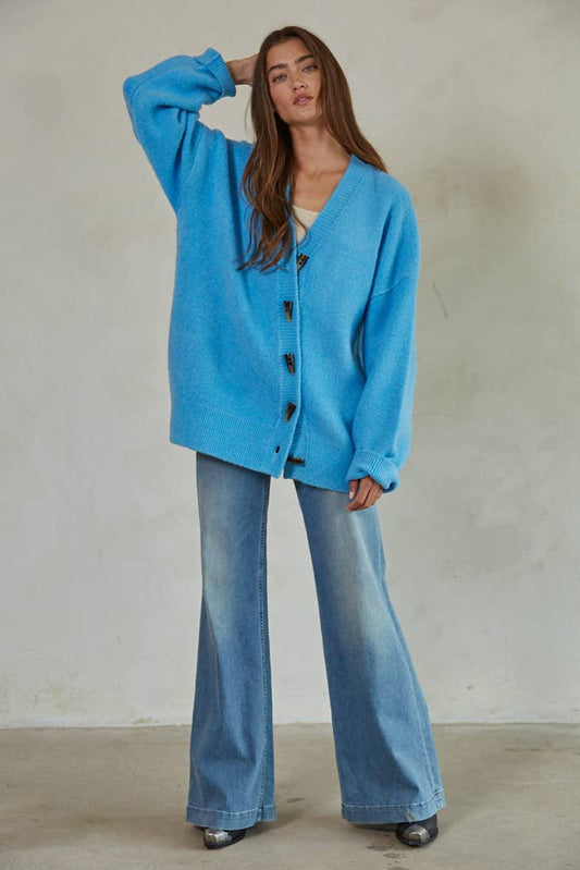 By Together - Knit Sweater Ribbed Detailed Buttondown Cardigan: Sky Blue / L