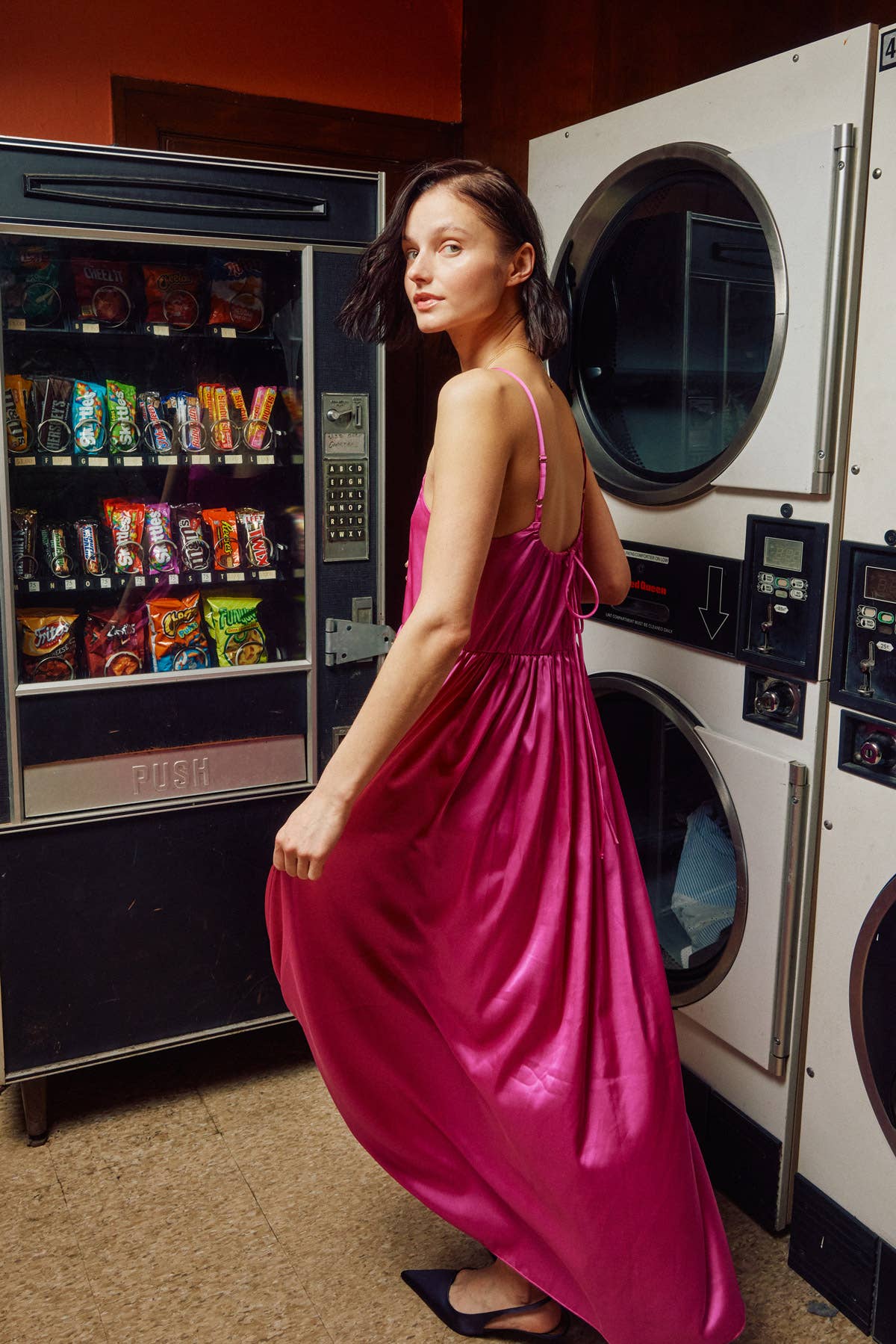 LARA DAISY INC - Satin Tie-back Camisole Midi Dress: Brilliant Rose