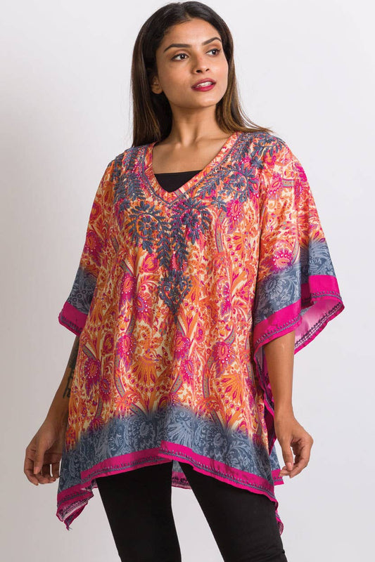 Sevya Handmade - Demira Hand Embroidered Top Orange & Fuchsia - OS