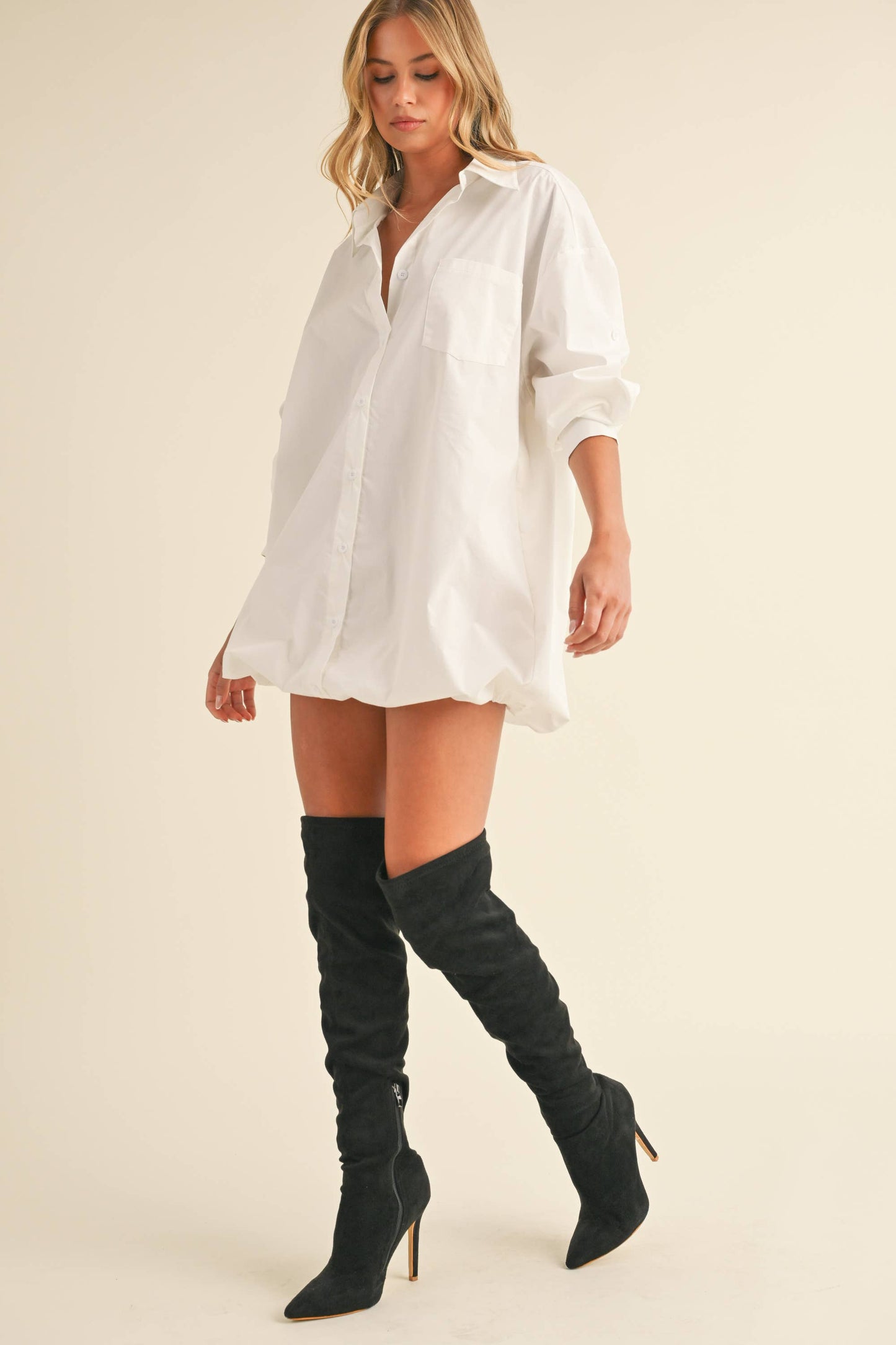 Klesis - ID8254 OVERSIZED BUBBLE HEM BUTTON DOWN SHIRT DRESS: White / S