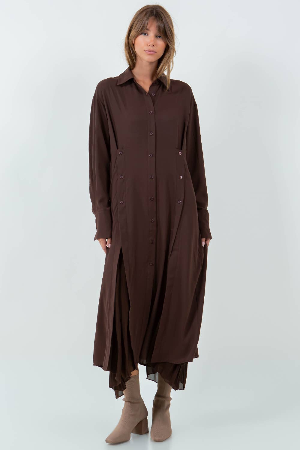 Whiteroom+Cactus - PLEATING DETAILED MULTI BUTTON WEAR SHIRT DRESS - BROWN: Brown / L