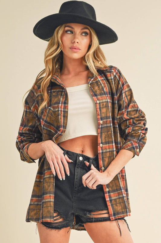AEMI + CO - 8323DN Laura Plaid Washed Flannel Shirt 7: Camel / Contemporary