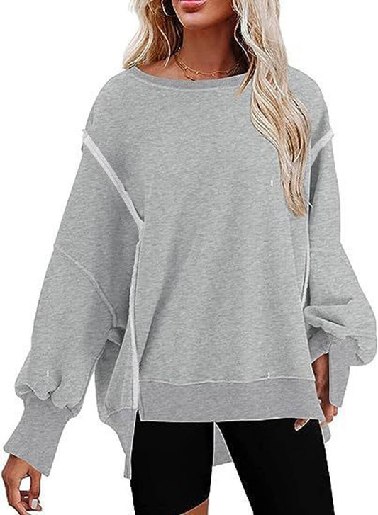 Lily Clothing - Solid-color round-neck casual loose sweatshirt: GREY