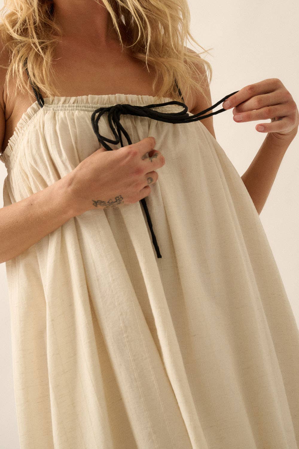 Promesa USA - Tonal-Stripe Drawstring-Neckline Maxi Sack Dress: OATMEAL