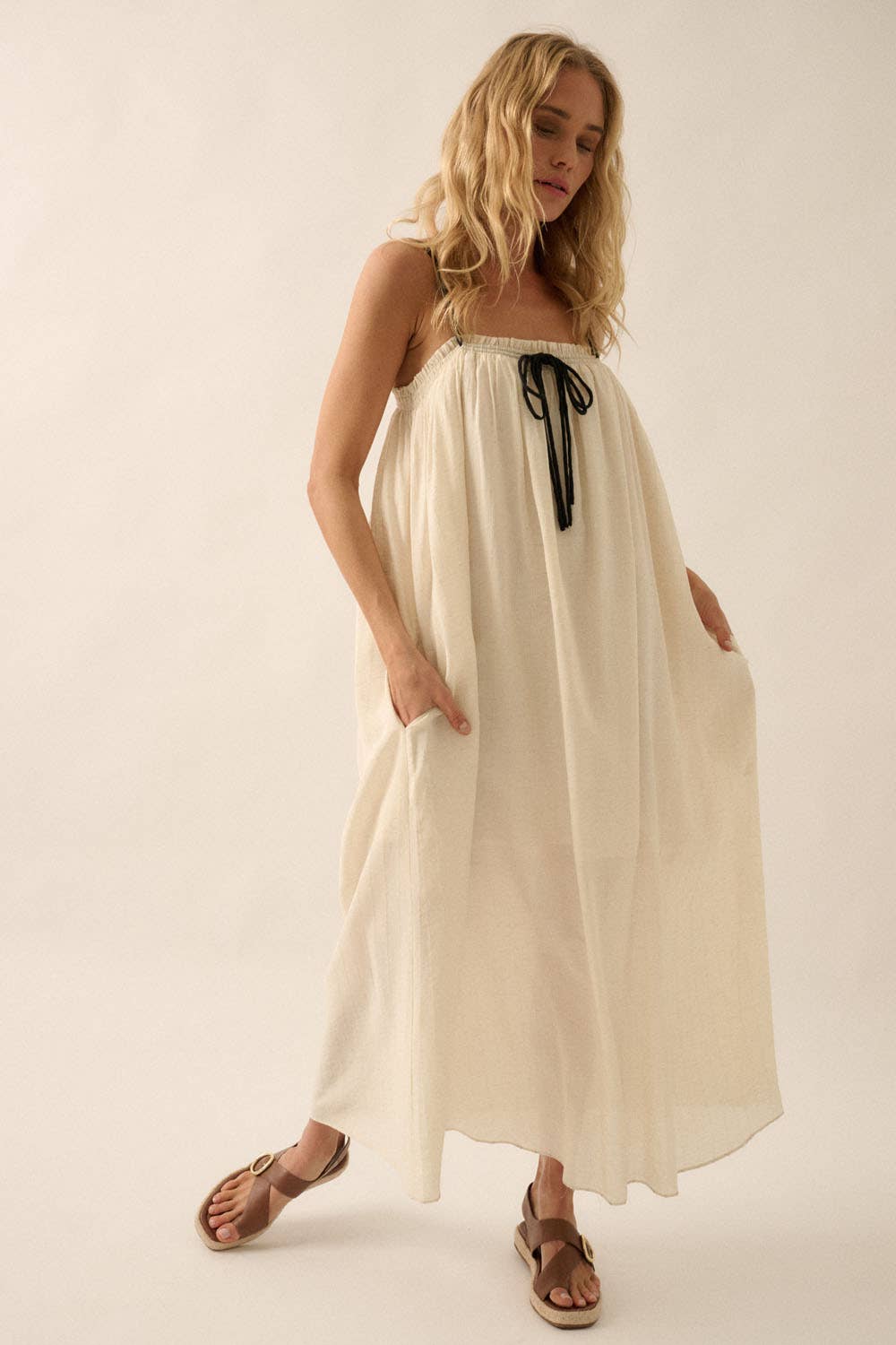 Promesa USA - Tonal-Stripe Drawstring-Neckline Maxi Sack Dress: OATMEAL