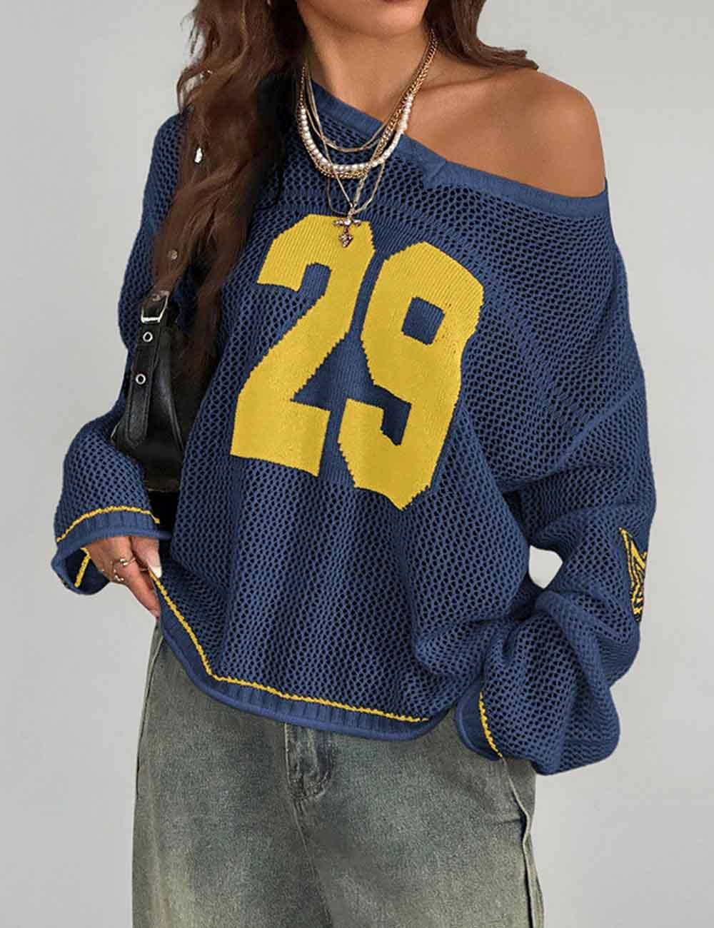 Dipped Shop - Trendy Number Crochet Hollow Out Knit Sweater DP25F529: Blue / L