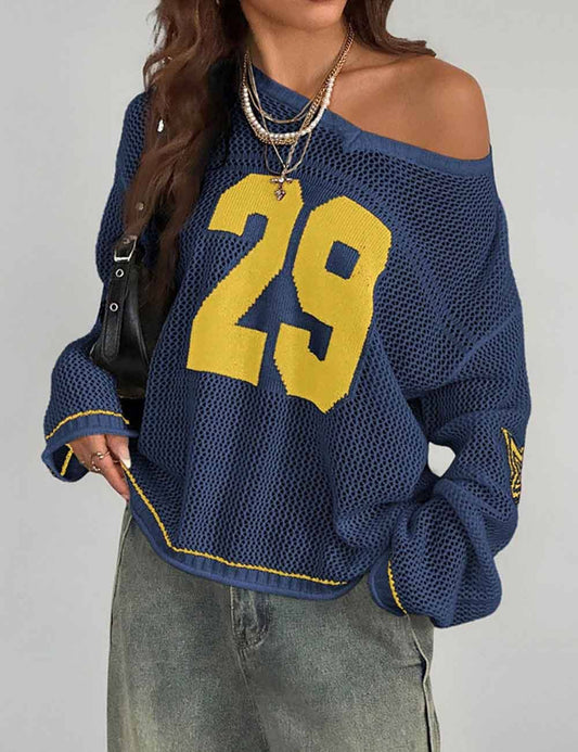 Dipped Shop - Trendy Number Crochet Hollow Out Knit Sweater DP25F529: Blue / L