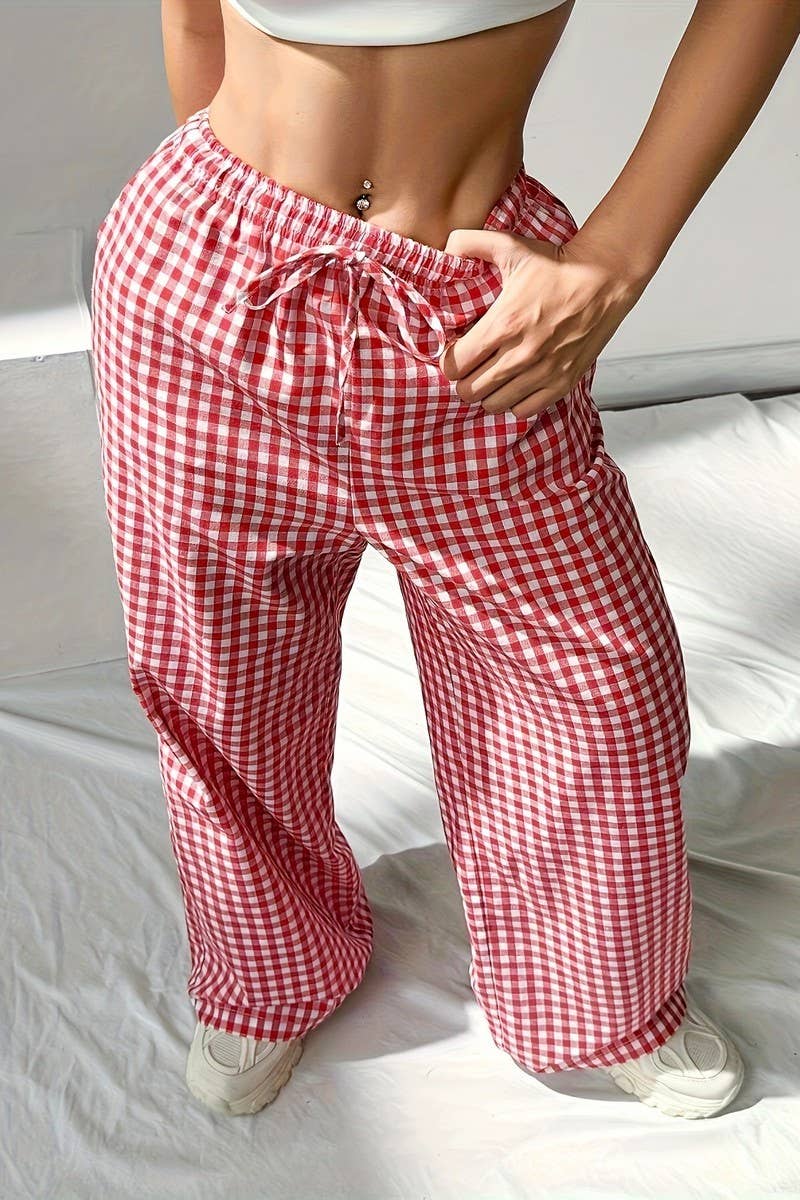 NINEXIS - LOOSE PINK PLAID LACE-UP CASUAL WIDE-LEG PANTS: RED