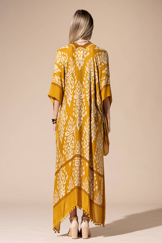 Urbanista - Damask Print Kimono with Sleeves: Mustard / OS