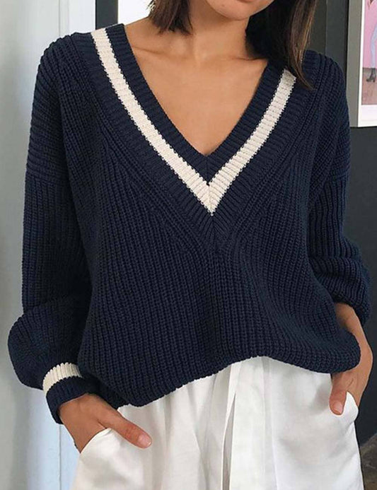 Dipped Shop - Color Block V-Neck Long Sleeve Sweater DP25F530: Dark Blue